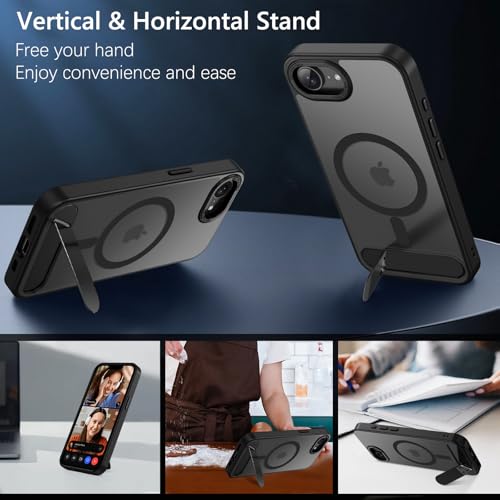 Image of GUAGUA for iPhone 16e Case, Magnetic Case Foldable Invisible Kickstand Translucent Matte Back Drop Protection Slim Shockproof Phone Case for iPhone 16e 6.1''2025, Black