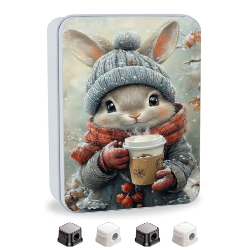 Image of Metal Tin Box with Lid,Multi-functional Storage Box Can Store Tea Biscuits Game Cards, Playing & Tarot Cards-Comes with 4 Magnetic Cord Clips,Winter Bunny