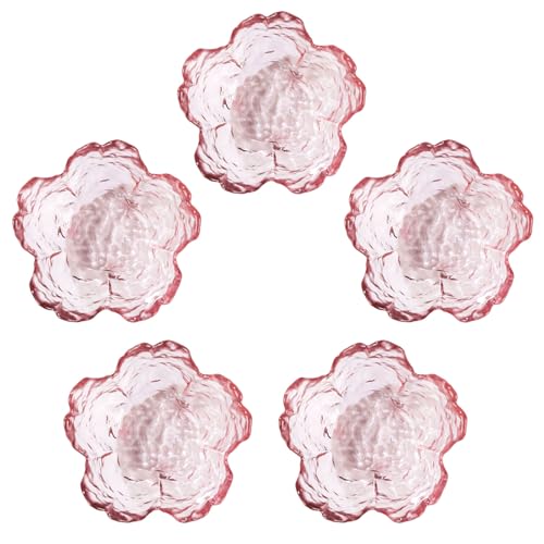 WHJY 5 pack Cute Sauce Dishes Glass Dish Set for Soy Sauce Snacks Tea Bag Mini Glass Bowls Clear Pink Cherry Blossom Soy Sauce Dishes