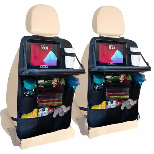 Backseat Car Organizer with Tray, 9 Storage Pockets Back Seat Protector with Foldable Tablet Holder, Waterproof Back of Seat Kick Mats for Kids Adult, Road Trip Essentials Travel 2 Pack, Black by Haoxiang A-P - Used condition - US$24.90
