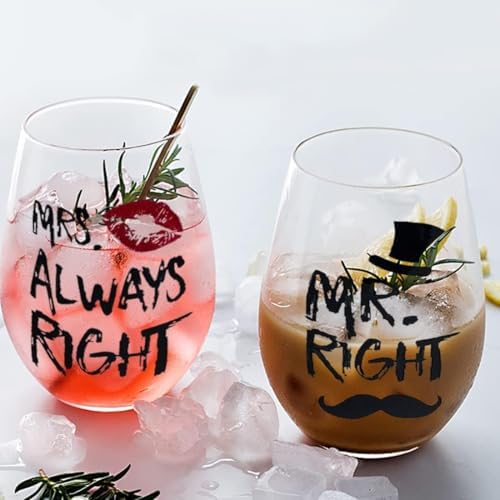 Couple Wine Glasses Set MR RIGHT and MRS ALWAYS RIGHT Crystal Stemless Wine Glass Gifts for Valentines Wedding Engagement Anniversary for His Hers Husband Wife Boyfriend Girlfriend Lovers LEAD FREE 6