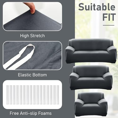 3 Pcs Slipcover Set for Couch Furniture Covers for Sofa Loveseat Couch Arm Chair, Form Fit Stretch, Wrinkle Free, Furniture Protector (Gray) by M-Aimee - Image 5