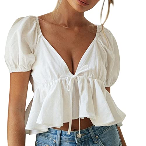 Image of NQyIOS Womens Puff Short Sleeve Tie Back V Neck Ruffle Hem Peplum Crop Tops Extra Long Womens T Shirts White