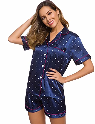 Image of LecGee Womens Silk Satin Pajamas Set Short Sleeve Sleepwear Button Down Nightwear Soft Pj Lounge Sets
