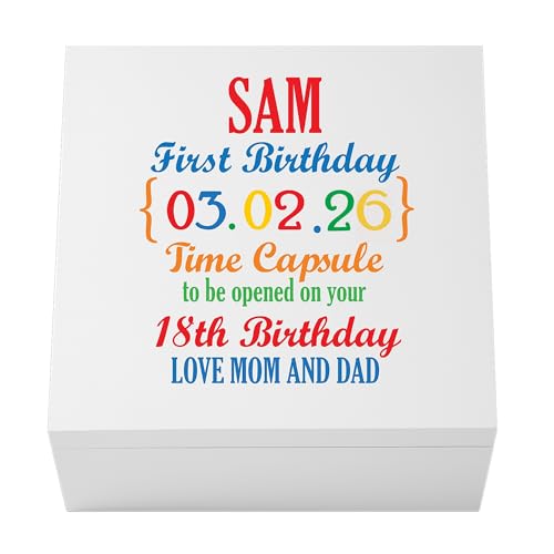 Let's Make Memories Personalized First Birthday Time Capsule - Baby Keepsake Box - Child's Memory Box - Sturdy Wood Composite - 12" Lx12 Wx6 H - First Birthday