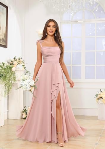 Spaghetti Straps Bridesmaid Dresses for Wedding A-Line Cowl Neck Ruffles Bow Tie Formal Evening Gown with Slit2