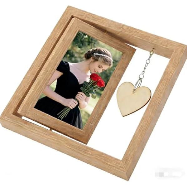 Ramka na zdjęcia 10 x 15 cm w stylu drewnianym – obrotowa, dwustronna ramka na zdjęcia z drewna z zawieszką w kształcie serca, ramka drewniana do samodzielnego personalizowania, idealna na prezent uro