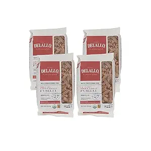 DeLallo Whole Wheat Fusilli Pasta, 1 Pound Bag, 4 Pack