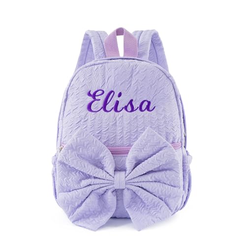 Image of 12inch Daycare Backpack Personalized Small Backpack with Name | Purple Kids Backpacks for Age 1-3,Lightweight Quilted Fabric,Large Front Pocket with Bow,Padded Shoulder Strap,Custom Gift