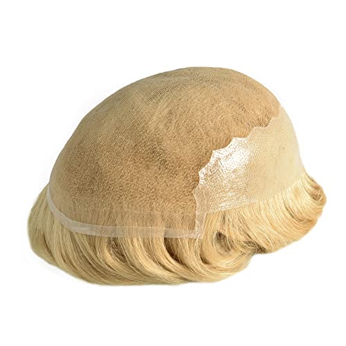 French Lace Mens Toupee European Human Hair Hand Tied Hair Units With Bleached Knots And Natural Hairline Breathable Swiss Lace Center Poly Coating Skin At Sides Hair Replacement System Wigs For Bald Men (7X9", 22R#-100% Light Density) #TOP3