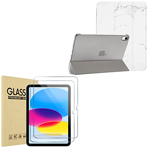 ProCase Slim Stand Case for iPad 10th Generation Case 2022 iPad 10.9 Inch Case, iPad 10 -Whitemarble Bundle with 2 Pack iPad 10.9 10th Generation 2022 Screen Protector A2696/A2757/A2777