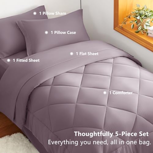 Image of CozyLux Twin XL Comforter Set Dusty Purple - 5 Pieces Twin Extra Long Bed in a Bag for College Dorm, All Season Bedding Set for Girls and Boys, Soft Bed Set with Comforter, Sheets, Pillowcase & Sham