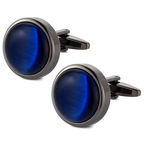 Round Cat Eye Cufflinks for Men Dark Blue Opal Cuff Links in Gun Black Business Shirt4