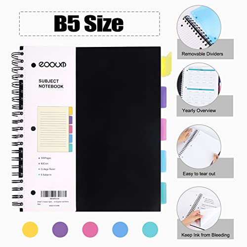 Eoout 2 Pcs 5 Subject Spiral Notebooks With Tabs, 8.5”×11”, Notebooks For Work, 3-Hole Punched With 5 Colored Dividers, 300 Pages, For School, Office Supplies And Home #TOP2