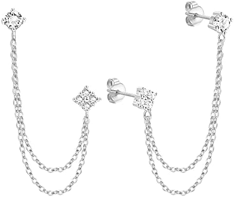 ORAZIO Double Piercing Chain Stud Earrings for Women Girls, S925 Sterling Silver Tassel Chain Dangle Drop Earring Studs with Sparkling CZ 18K Gold Plated Minimalist Earring for Sensitive Ears