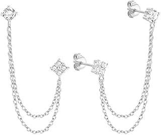 ORAZIO Double Piercing Chain Stud Earrings for Women Girls, S925 Sterling Silver Tassel Chain Dangle Drop Earring Studs with Sparkling CZ 18K Gold Plated Minimalist Earring for Sensitive Ears
