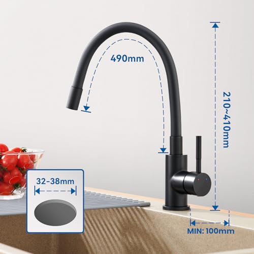 Auralum Niederdruck Armatur Küche Schwarz, Flexibler Wasserhahn Küche 3 Anschlüsse, Küchenarmatur Niederdruck 360° Drehbar, Mischbatterie Küche für Boiler, Spültischarmatur mit Hoher Auslauf