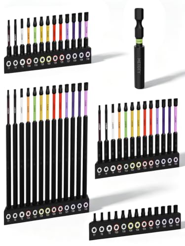 Image of METOTY 53PCS Impact Star Screwdriver Bits Set, Magnetic S2 Steel Torx Insert Driver Bits (T7-T40) in 25/50/75/150mm Length, Equipped with Magnetic Extension Pole and Color Coded Storage Base