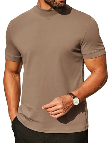 COOFANDY Mens Mock Turtleneck Short Sleeve Casual Heavy Cotton Mock Turtle Neck Shirt Basic Regular Tshirts Shirts Fashion Summer Clothes 2025 Khaki