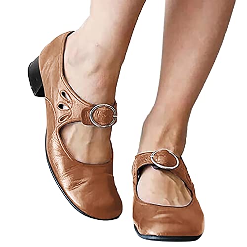 Hbeylia Women's Fashion Mary Jane Shoes Vintage Round Toe Ankle Strap Anti Slip Low Heels Pumps Oxford Dress Loafers Slip-On Flats Shoes for Wedding Halloween Christmas Party