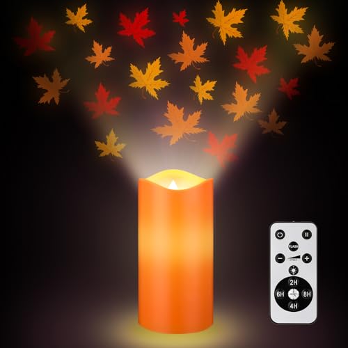 Image of Baquler Fall Maple Leaf Flameless Candles Projector Lights Thanksgiving LED Candle Fall Night Light with Remote and Timer Battery Operated Electric Gifts for Wedding Autumn Harvest Halloween Decor