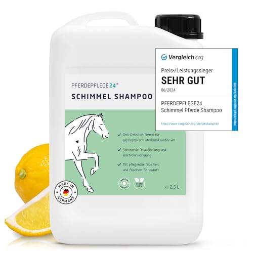 Pferdepflege24 Schimmel Shampoo Pferde 2,5l - Sanfte Reinigung die Verfärbungen Verschwinden lässt - Anti Gelbstich Pferdeshampoo für schonende Fellaufhellung, Intensive Reinigung & Pflege