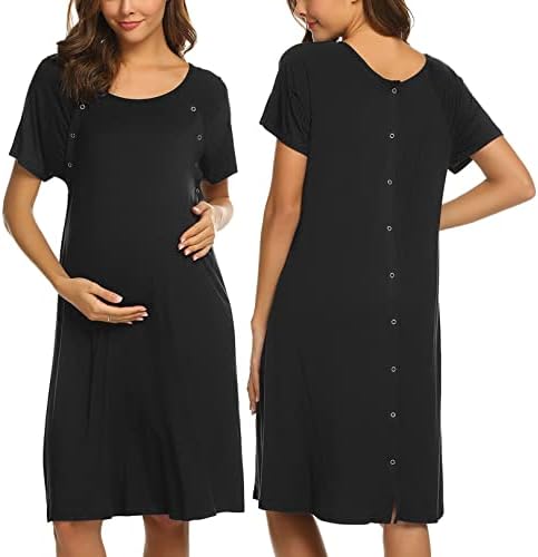 Ekouaer Women's Short Maternity Dress O Neck Nursing Nightgown for Breastfeeding(Black,M)