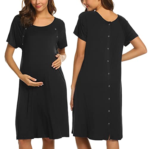 Image of Ekouaer Women’s Nursing/Delivery/Labor/Hospital Nightdress Short Sleeve Maternity Nightgown with Button S-XXL