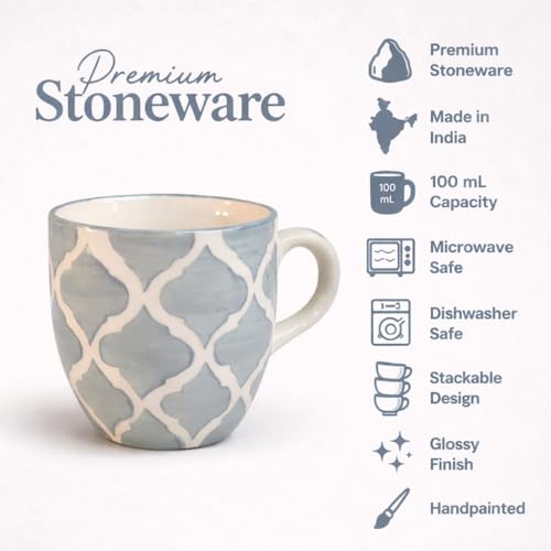 Image of HandPainted Ceramic Small Cups 12 Pcs Set | Cups for Tea,Coffee,Espresso | Beautiful Small coffee Mug Set | Ideal Gifting Option | Brown &Black Morrocon Pattern (Moonstone Grey Morrocon Pattern)