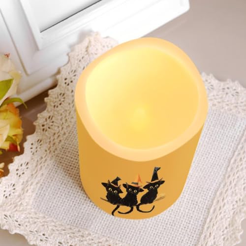 Image of Witch Black Cat Electric Flameless Candles Set of 4 | Halloween Battery Operated Candles with Remote Control, Electric Pillar Candles for Holiday Party Living Room Decorations