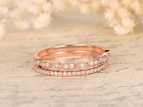 2pcs Half Eternity Diamond Wedding Ring,14K Rose gold,Anniversary,Art Deco,Stacking,Milgrain,Wedding Band2