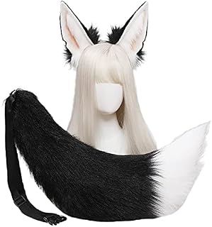 Cat Ears and Tail Set,Furry Fox Wolf Ears Headband with Tail,Kitten Anime Ears Animal Halloween Cosplay Prop (Black and White)