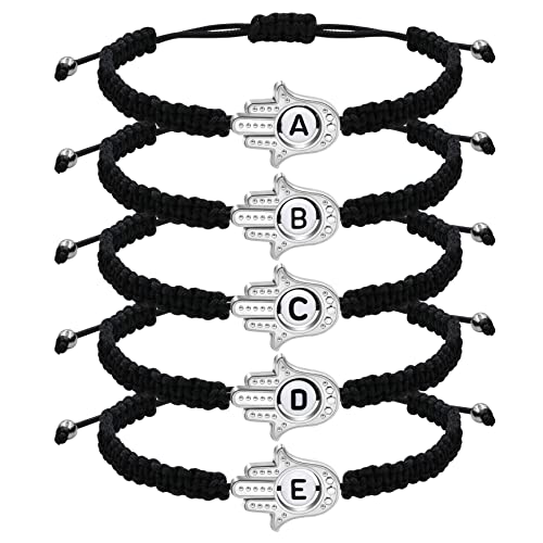 Image of Uloveido Customized A to Z 26 Letters Hand of Fatima Bracelet - Fatima Hamsa Hand Evil Eye Protection Bracelet Lucky Charm Adjustable Braided Black String