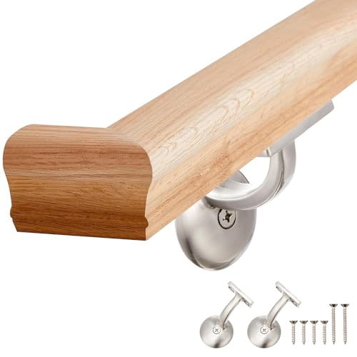 Maasechs 6010 Red Oak Handrail Kit 6 ft with Wall Returns and Wall Mount Brackets Indoor Wood Stairs Handrails Included Screws for Bars Home Corridor Lofts(Brushed Nickel, 90° Angle)