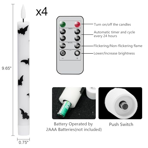Image of GenSwin Halloween Flameless Taper Candles, 4 Pack LED Taper Candles Battery Operated with Remote Timer, Real Wax White Flickering Flameless Candlesticks with Bat Prints for Spooky Decor(0.75 inch x 9.65 inch)