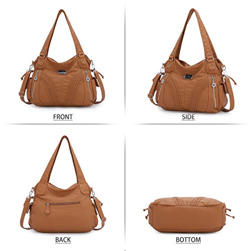 Purses and Handbags Women Fashion Tote Bag Shoulder Bags Top Handle Satchel Purses Washed Synthetic Leather Handbag 452#caramel 13.8 * 4.7 * 11.8 inches - Thumbnail 3