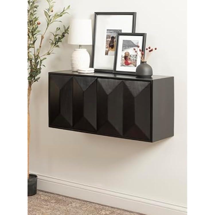 Kate and Laurel Ranier Modern Wooden Two-Door Wall Cabinet; 30 x 10 x 14; Black; Decorative Storage Cabinet with Dimensional Face for Use as Floating Nightstand or Floating TV Shelf