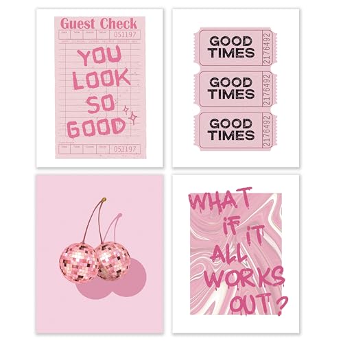 BESERH Funky Trendy Pink Posters Set of 4, Preppy Retro Y2K Cherry Disco Ball Inspirational Pink Wall Art Prints for Room Dorm Aesthetic, Y2K Room Decor, 8x10 Unframed