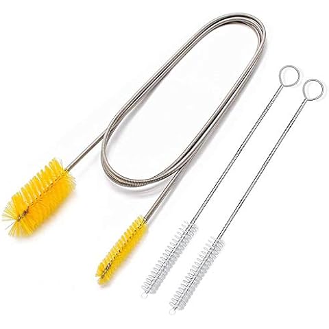 Flexible drain spring double head hose brush stainless steel nylon 67 inch and 2 PCS 8.2-inch Straw Cleaning Brush (Yellow) Cover