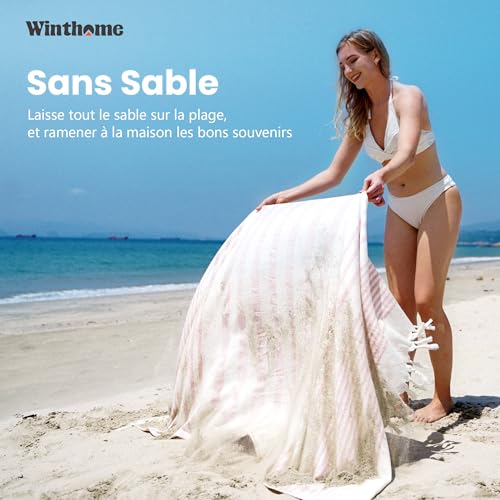 Winthome Serviette de Plage Doux 150x75cm - Drap de Plage Coton de Bambou, Légère Peu Encombrante, Serviette Plage Turque Serviette Absorbante, sans Sable, Tissu de Hammam Sauna,Femme Homme (1 Pack) – vue 4