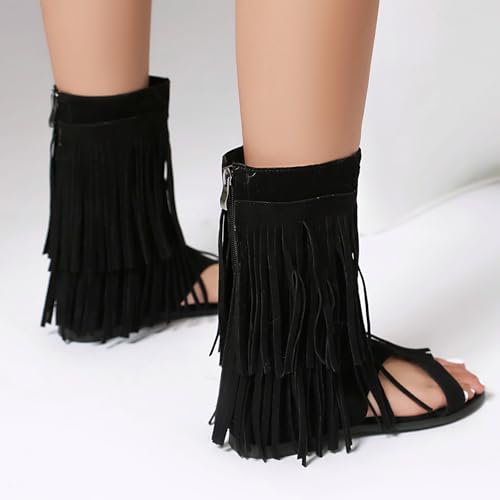 Womens Summer Tassel Mid Calf Boots Flat Roman Gladiator Sandals US3-US13.53