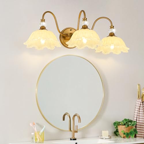 Image of Vintage Bathroom Vanity Light, 3-Light Matte Brass Finish Vanity Light with Floral Yellow Glass Shades, Retro Wall Sconce for Bathroom, Dressing Table
