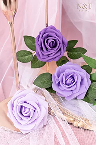 N&T Nieting Purple Roses Artificial Flowers 25Pcs Fake Flowers Foam Roses With Stems For Diy Wedding Bridesmaid Bridal Bouquets Centerpieces Party Home Decoration Baby Shower, Series Purple #TOP3