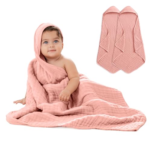 Image of Comfy Cubs Hooded Baby Towel 2-Pack, Large 32 x 32 Inch - 6 Layer 100% Muslin Cotton for Babies, Toddlers and Kids - Soft & Absorbent Baby Bath Towels - Unisex Design for Bath Time - Bold Blush