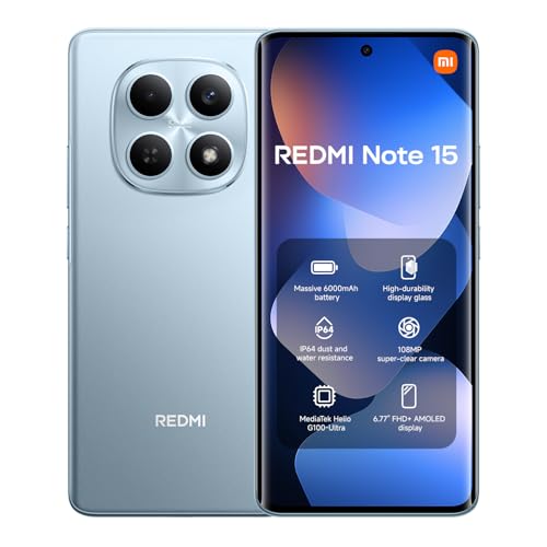 XIAOMI Redmi Note 15 4G 8+128 Glacier Blue,MediaTek Helio G100-Ultra, 108MP Super-clear Camera, 6.77" 120Hz Amoled Display, 6000mAh Battery (No power adapter included) option