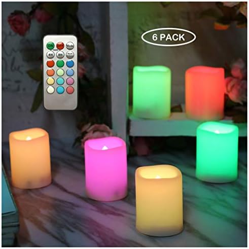 iZAN 6PCS Multi Color Changing Flameless Battery Operated LED Votive Candles with Remote Flickering Electric votives for Halloween Christmas Home Party Wedding Decors 1.5”x2” Batteries Included