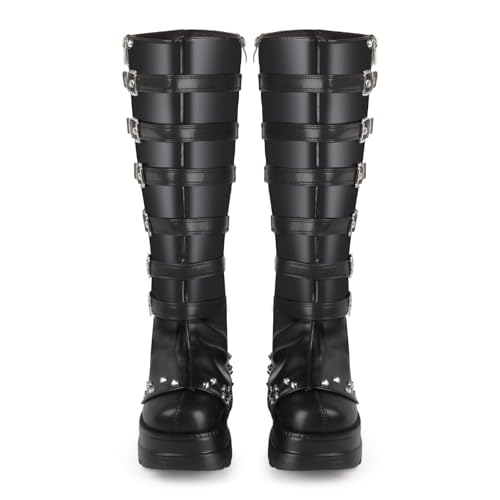 FIFSY Women's Knee High Boots Goth Platform Buckle Boots Punk Wedge Heels Boots Cosplay Party Costume Booties US10 by FIFSY - Image 6