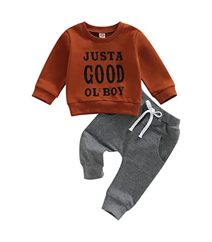 Image of MA&BABY Toddler Newborn Baby Boy Clothes Set Long Sleeve Letter Print Sweatshirt + Solid Color Pants 2Pcs Set (Brown-Just a ol boy, 0-6 Months)