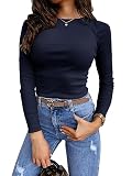 Feziakuk Damen Strick Langarmshirt Sexy Enges Oberteil Mode Stretchy Rippshirt Casual Basic Pullover Slim Fit Langarm Top, Darkblue S