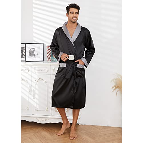 Vulcanodon Men’s Satin Robe Lightweight, Men's Luxurious Silk Kimono Bathrobe(Black+Dark Grey, L/Xl) #TOP1